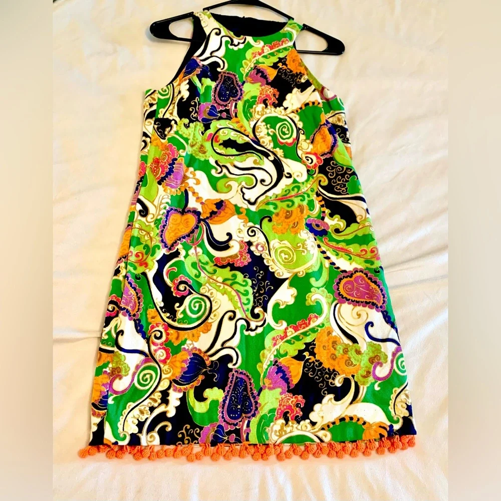 Trina Turk Colorful Patterned Sleeveless Midi Dress With Bead Detail Womens Sz10
